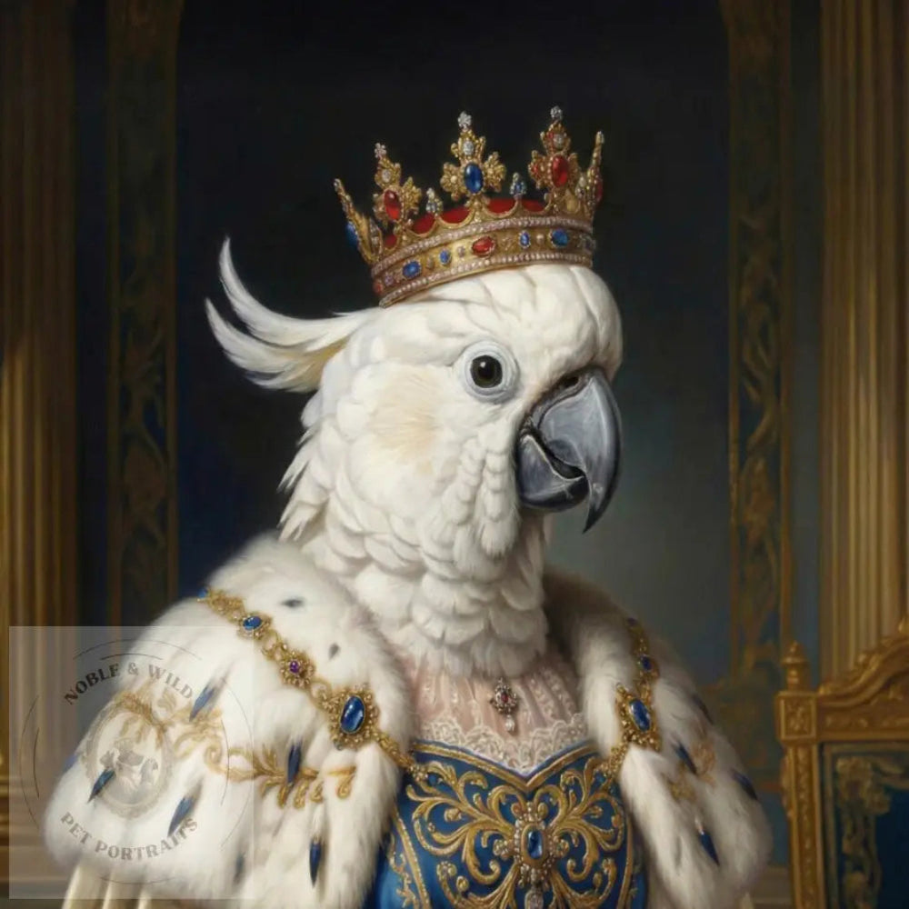 Cockatoo parrot wearing a crown and ornate robe against a decorative background
