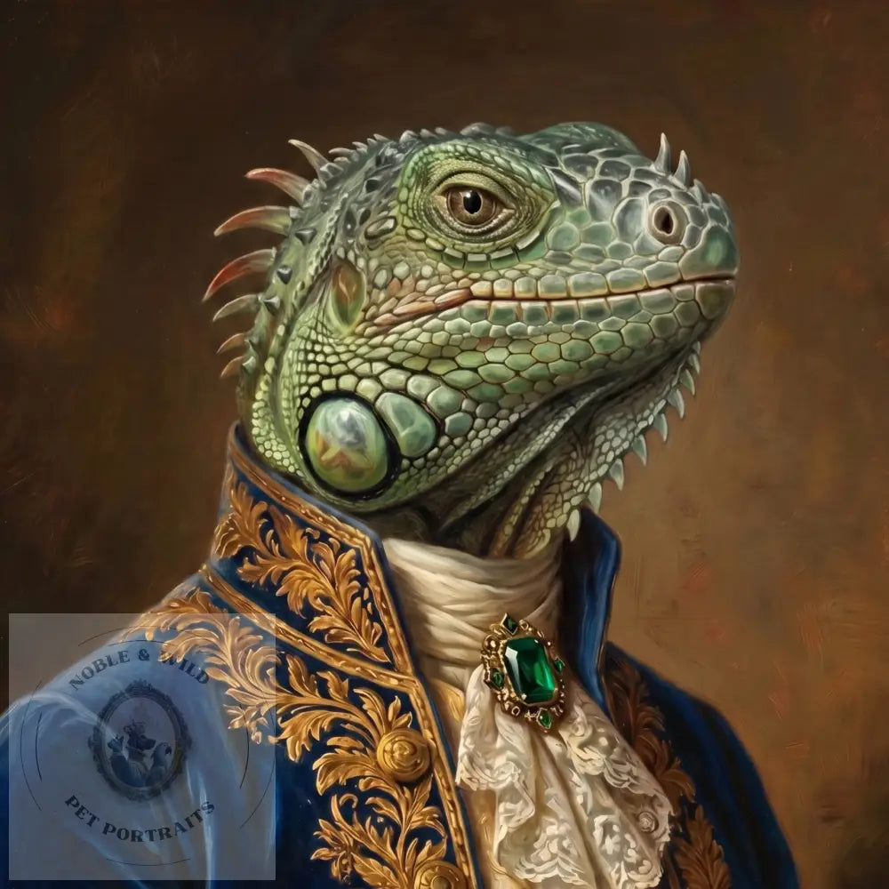 A painted portrait of a green iguana dressed in an ornate blue velvet coat with gold embroidery.