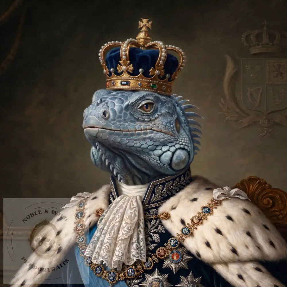 Lizard wearing a crown and formal coat with decorative elements