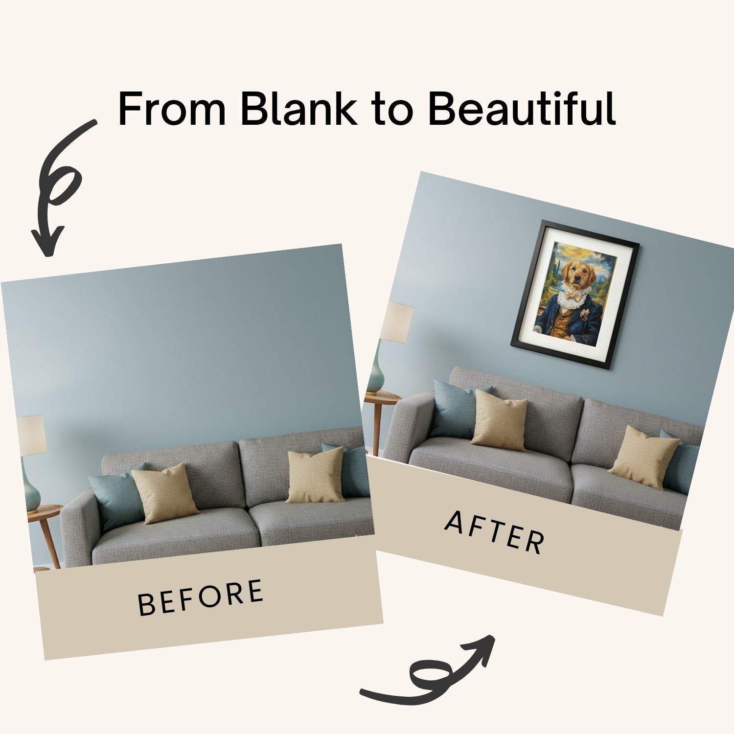 Before and after comparison of a living room setup with a gray sofa and decorative elements.