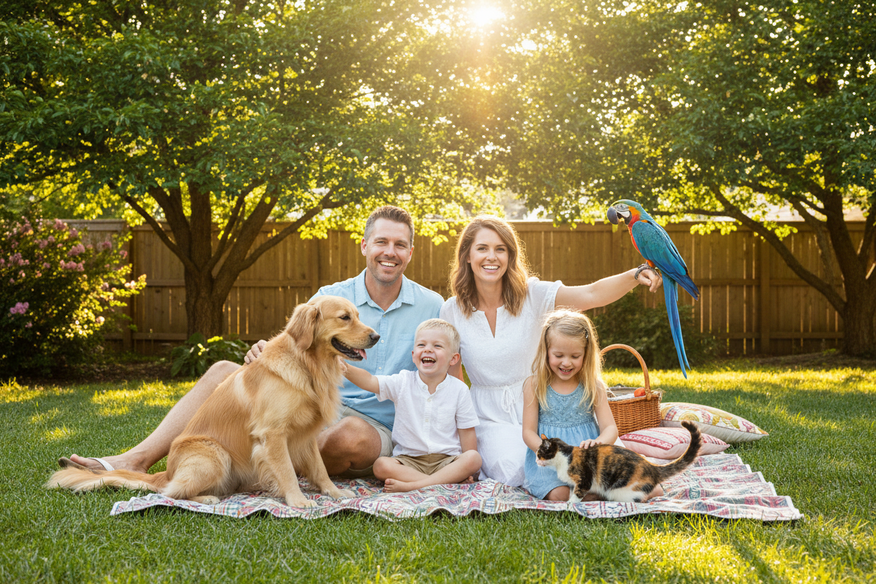 A family of four enjoys a sunny backyard picnic on a patterned blanket with their pets. A man and woman sit on the grass, smiling, with a golden retriever on the left, a blue-and-red macaw perched on the woman's hand, and a calico cat on the blanket.
