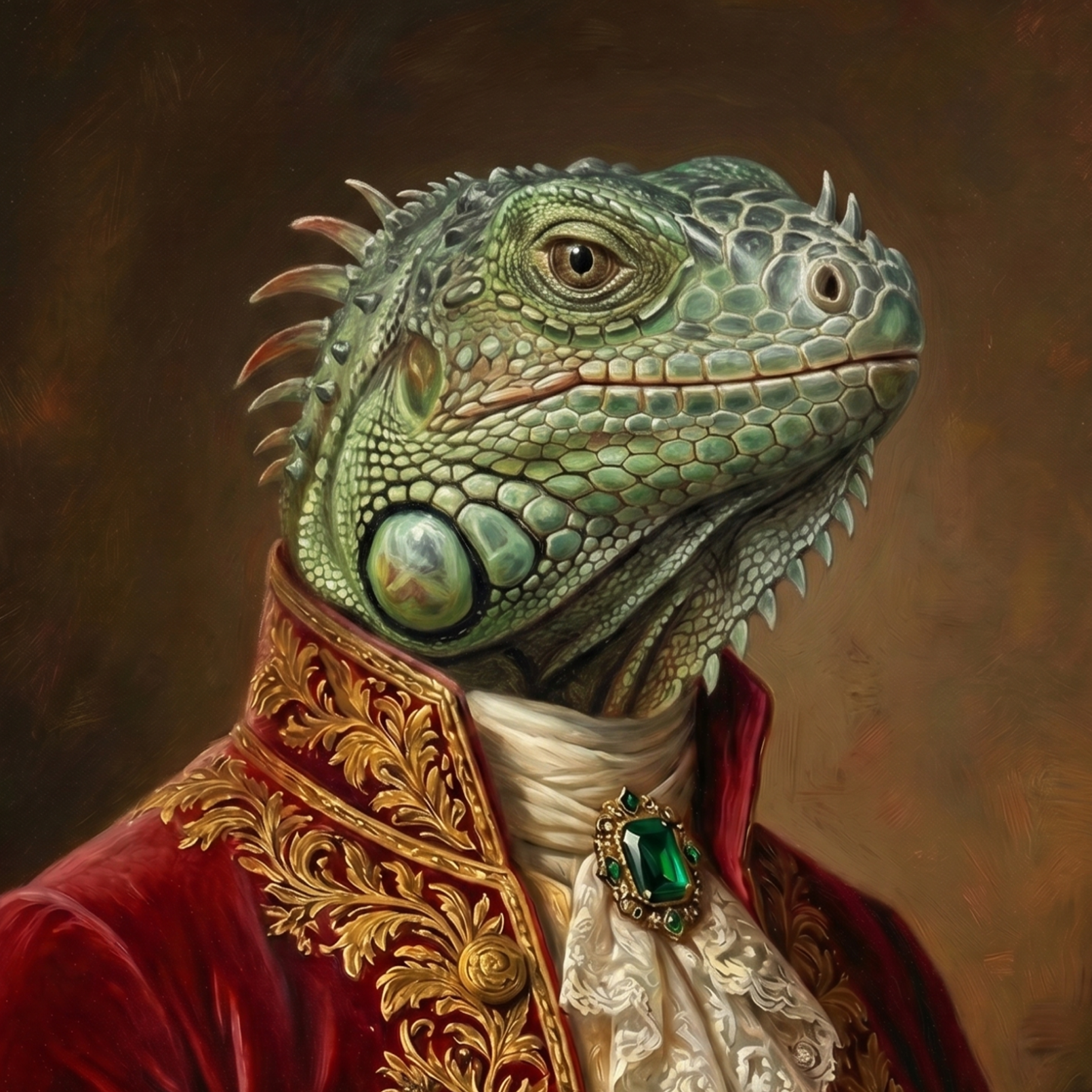 Green iguana in a formal red coat with gold accents and a white shirt.