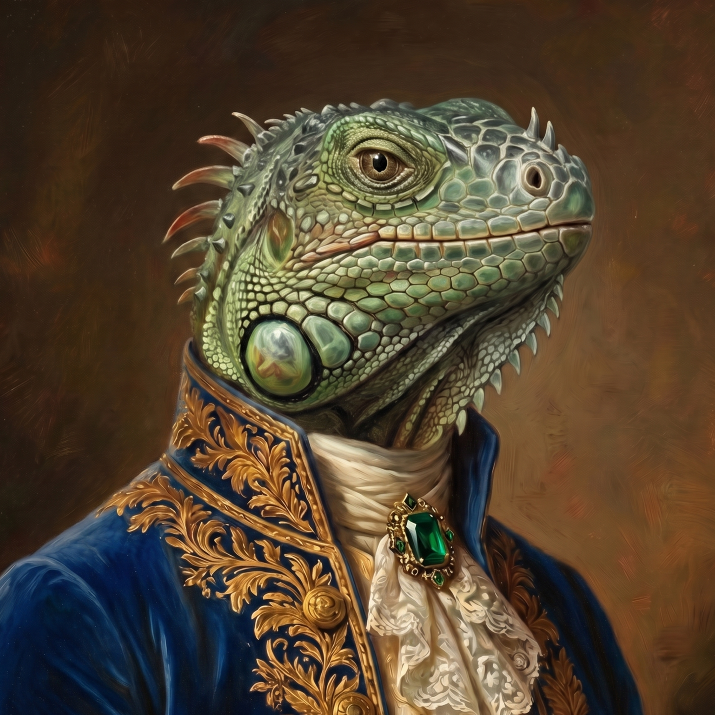 A painted portrait of a green iguana dressed in an ornate blue velvet coat with gold embroidery.