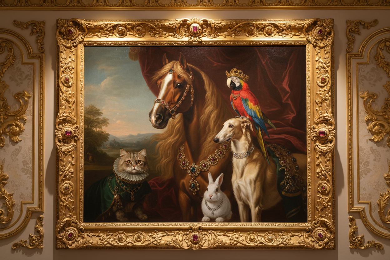Decorative painting of a horse, cat, dog, and rabbit with ornate gold frame on wall.