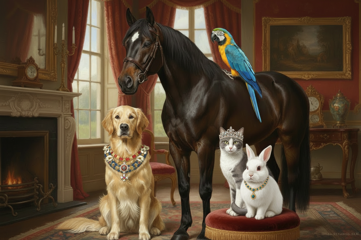 Horse, dog, cat, and rabbit in a luxurious room with decorative elements.
