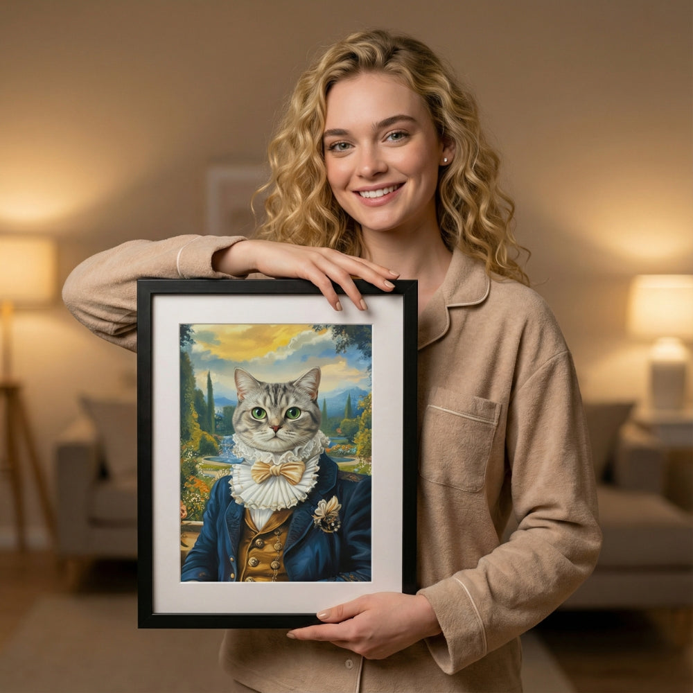 Woman holding a framed painting of a cat in formal attire in a cozy living room.