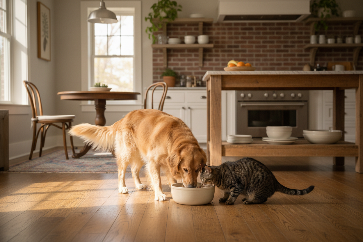 A golden retriever and a tabby cat eat from the same white bowl in a bright, sunlit kitchen with wood floors and a brick backsplash.