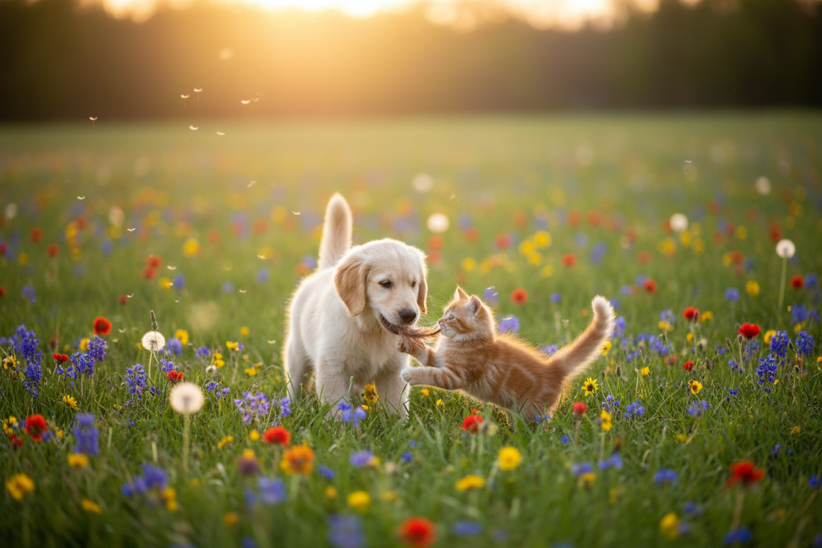 Dog and Cat on Meadow