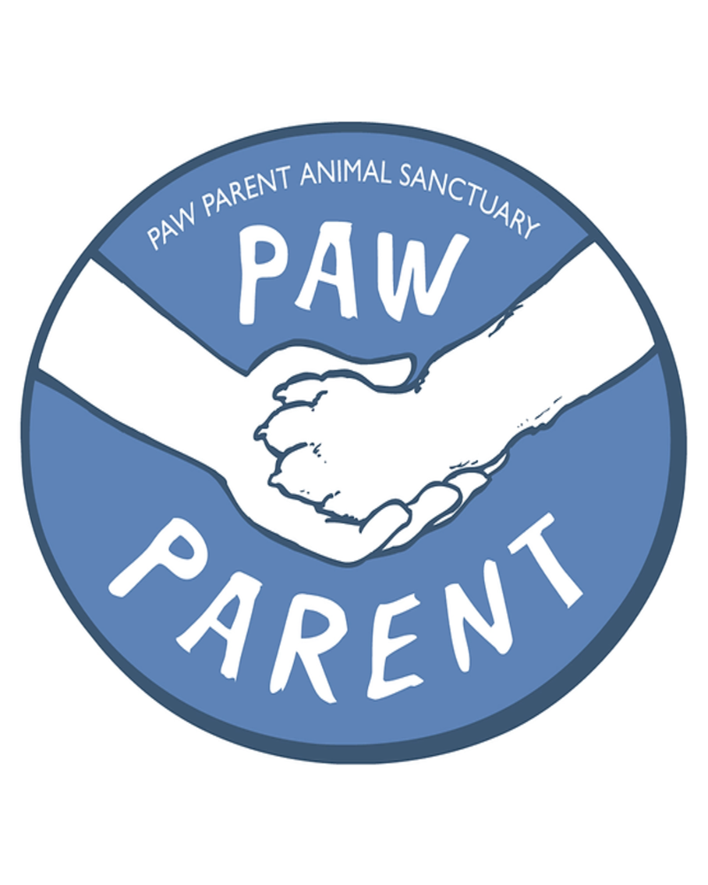 A circular blue and white logo featuring two hands shaking, with the text 'PAW PARENT ANIMAL SANCTUARY' at the top and 'PAW PARENT' at the bottom.
