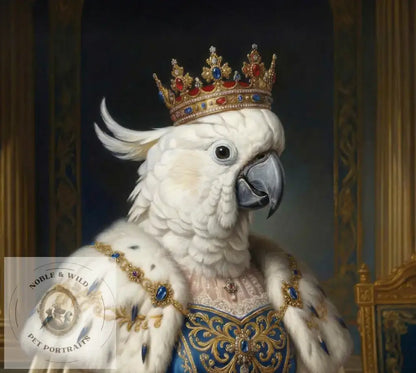 Cockatoo parrot wearing a crown and ornate robe against a decorative background