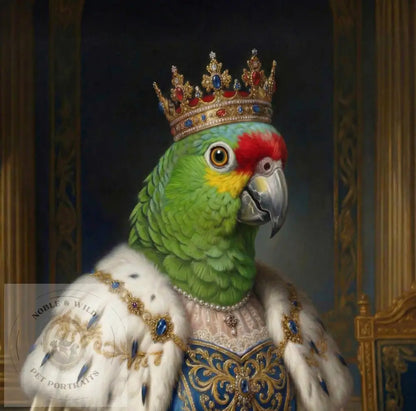 Parrot wearing a crown and ornate clothing in a regal setting