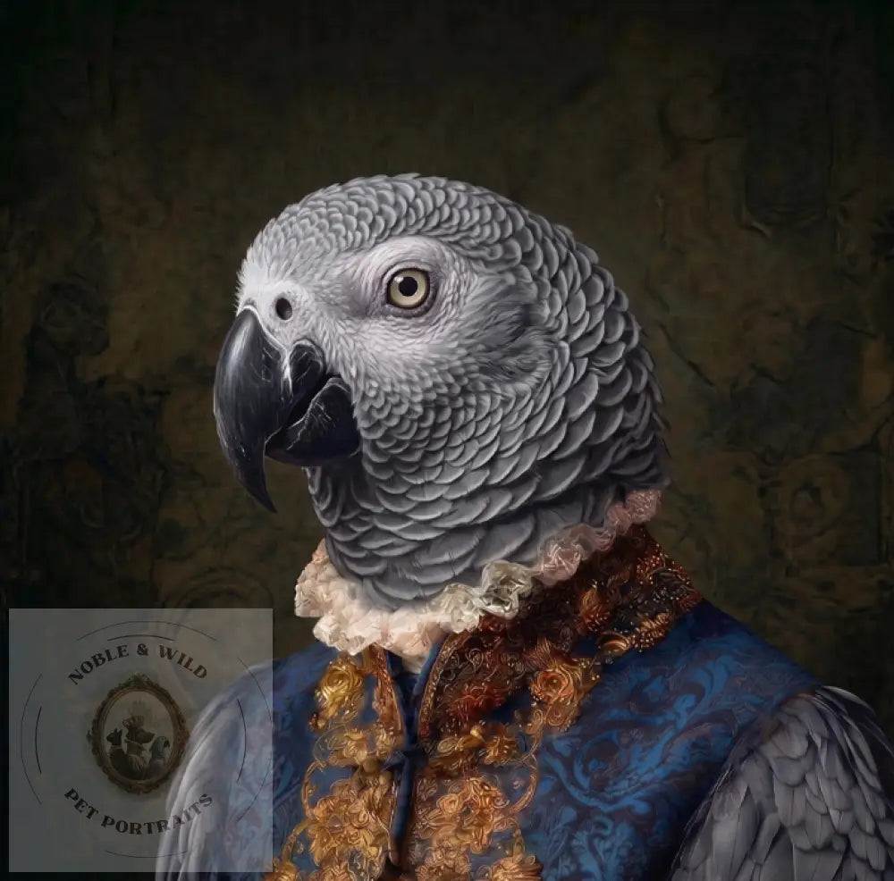 A portrait-style artwork of an African grey parrot dressed in ornate historical clothing, with a blue patterned vest, gold embroidered details, and a white ruffled collar against a dark textured background.