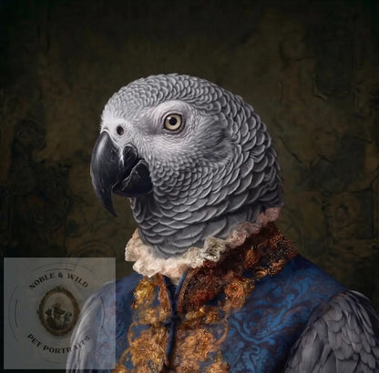 A portrait-style artwork of an African grey parrot dressed in ornate historical clothing, with a blue patterned vest, gold embroidered details, and a white ruffled collar against a dark textured background.