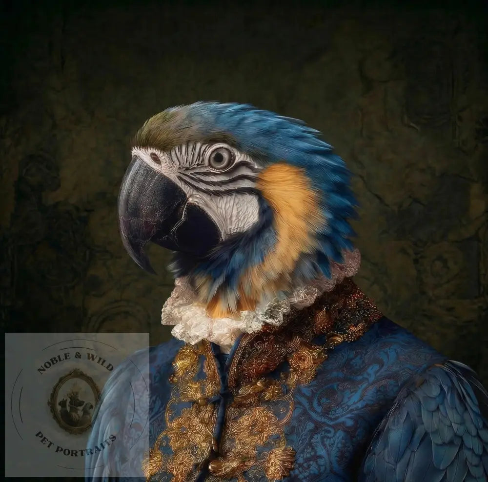 Parrot with ornate clothing against a dark background