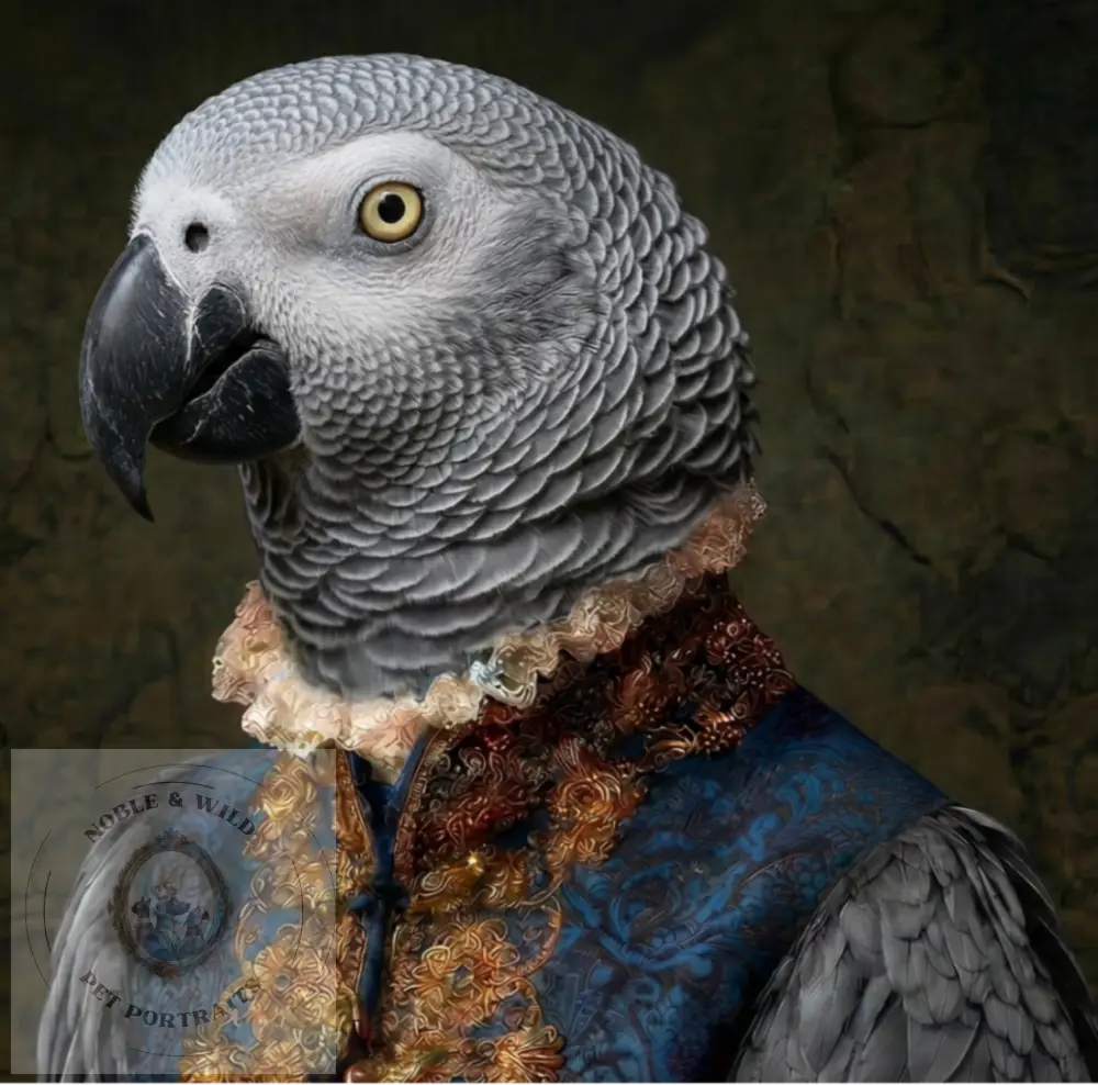 African Gray parrot wearing a decorative costume with a dark background