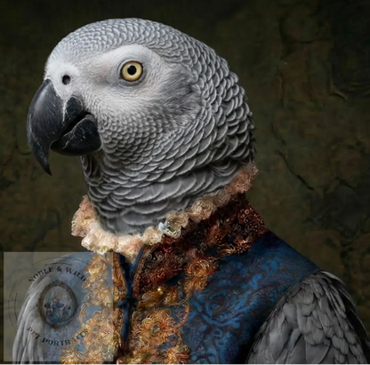 African Gray parrot wearing a decorative costume with a dark background
