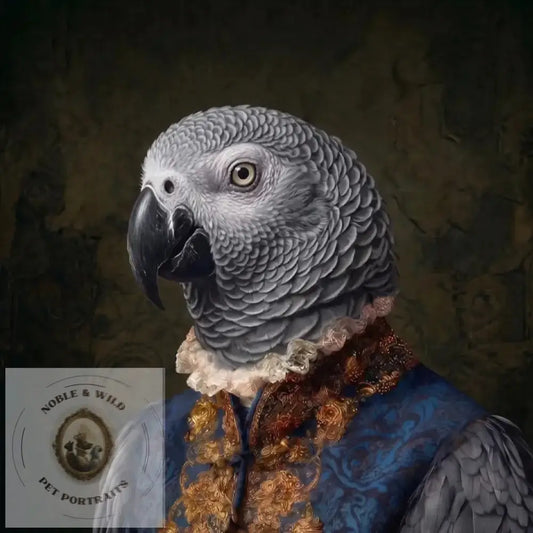 A portrait-style artwork of an African grey parrot dressed in ornate historical clothing, with a blue patterned vest, gold embroidered details, and a white ruffled collar against a dark textured background.
