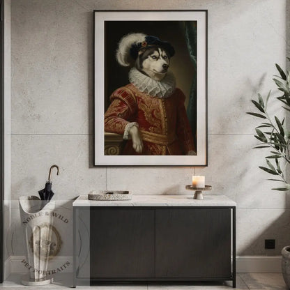 Framed artwork of a dog in regal attire above a bathroom vanity.