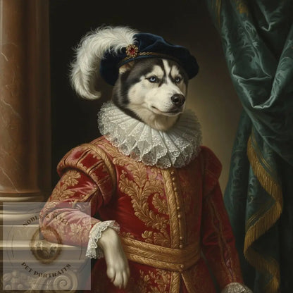 Dog in Renaissance-style clothing with a decorative hat in an elegant setting