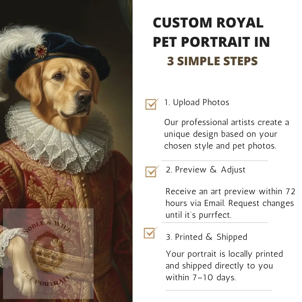Dog in regal attire with text on custom royal pet portrait service
