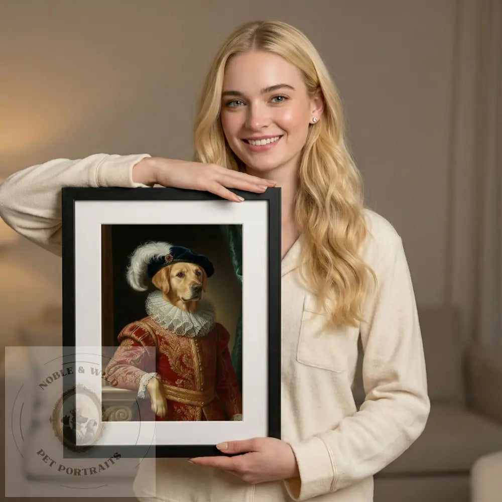 Woman holding a framed portrait of a dog in regal attire