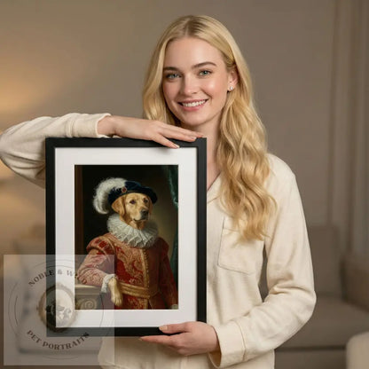 Woman holding a framed portrait of a dog in regal attire