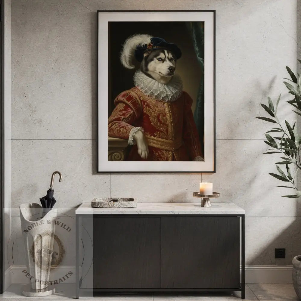 Framed artwork of a dog in regal attire above a bathroom vanity.