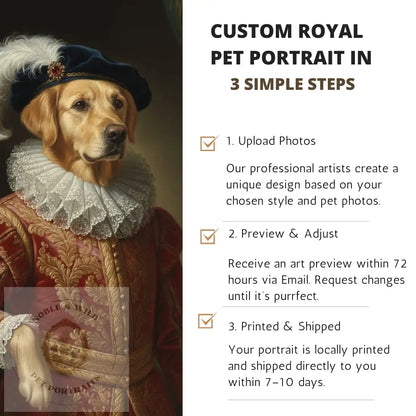 Dog in regal attire with text on custom royal pet portrait service