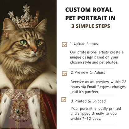 Cat in royal attire with a crown and robe, promotional text for custom pet portrait service.