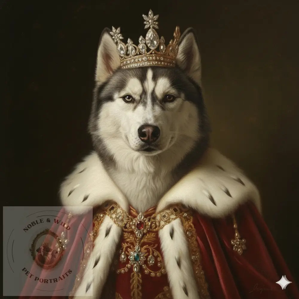 Dog wearing a crown and red robe with gold accents on a dark background