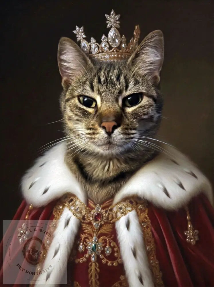 Cat wearing a crown and regal robe with intricate details on a dark background