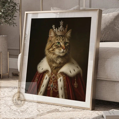 Framed picture of a cat in regal attire with a crown, sitting on a textured surface.