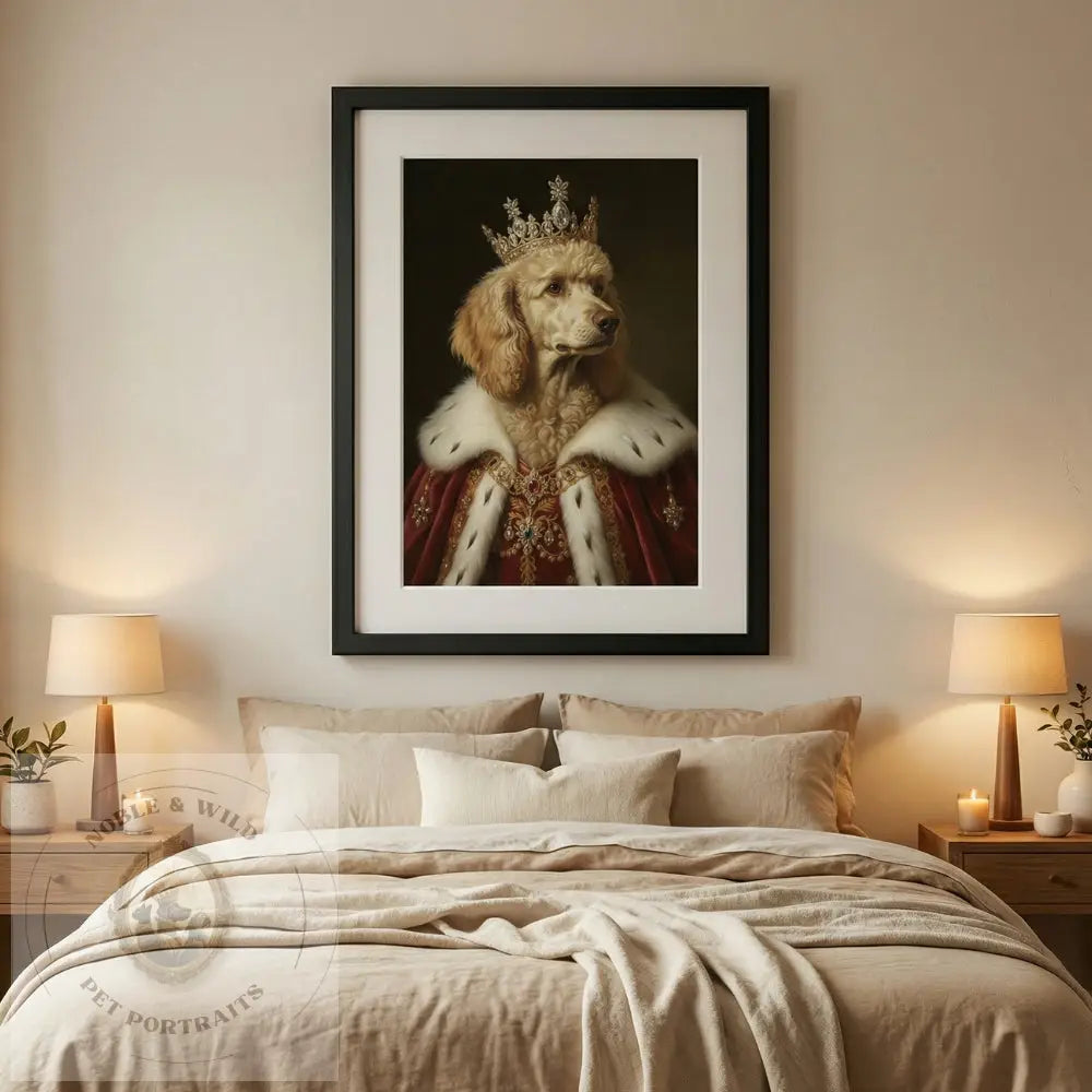 Framed artwork of a dog wearing a crown on a wall above a bed.