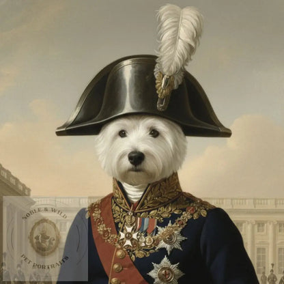 Dog in historical military attire with a feathered hat in front of a classical building.