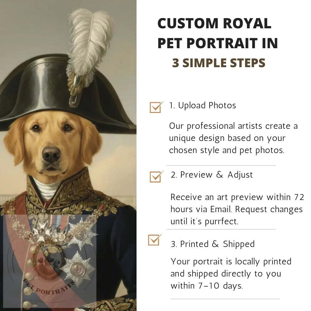 Dog in royal attire with text on custom pet portrait service