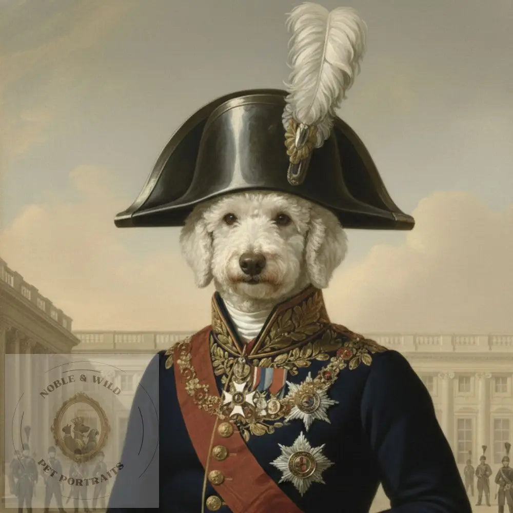 Dog in historical military attire with a large hat and medals, standing in front of a classical building.