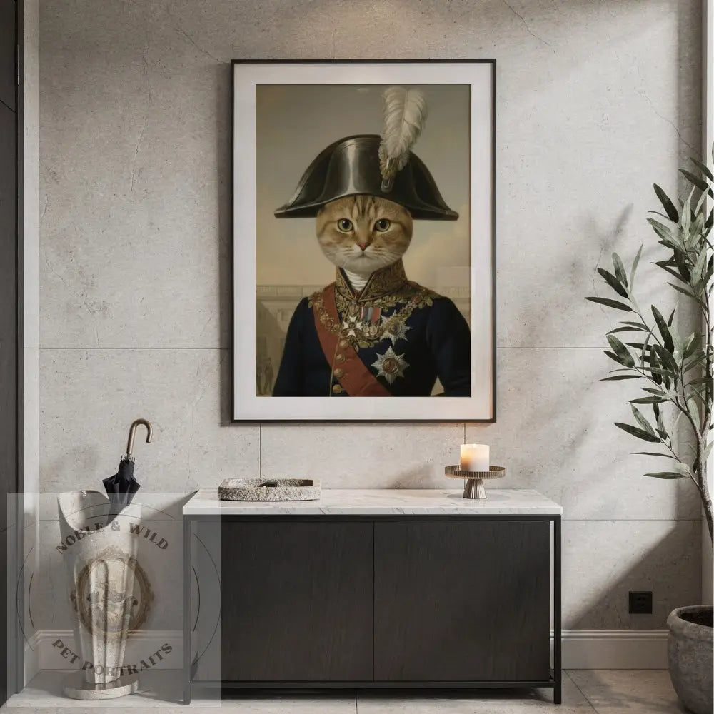 Framed artwork of a cat in historical attire on a wall above a cabinet.