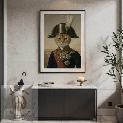 Framed artwork of a cat in historical attire on a wall above a cabinet.