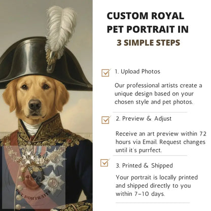 Dog in royal attire with text on custom pet portrait service