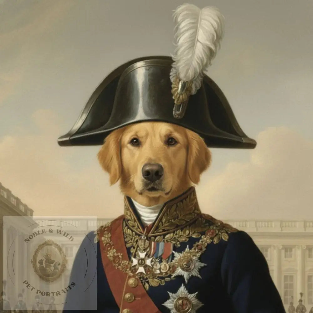 Dog in a historical military uniform with a feathered hat in front of a classical building.
