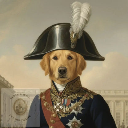 Dog in a historical military uniform with a feathered hat in front of a classical building.