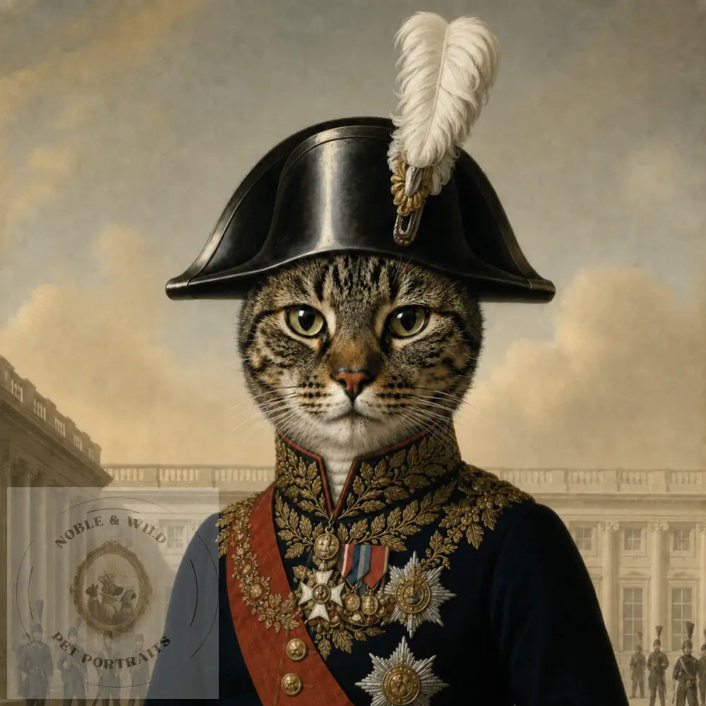 Cat in a historical military uniform with a feathered hat against a classical architecture background