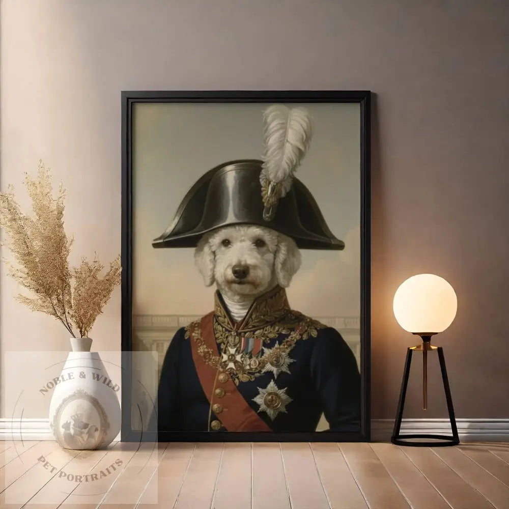 Framed artwork of a dog in a military uniform with a feather hat, placed on a wooden floor.
