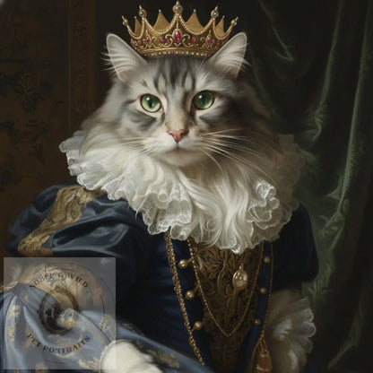 Cat in regal attire with a crown and ornate clothing