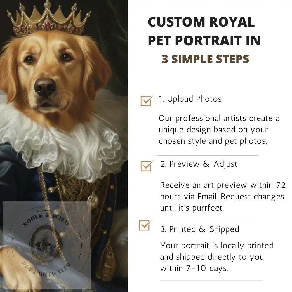Dog dressed in royal attire with a crown, accompanied by text on custom royal pet portraits.