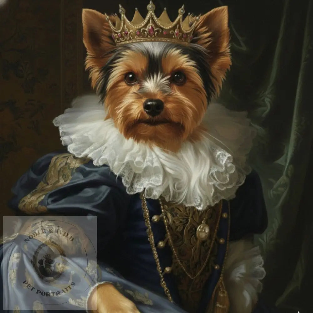 Dog wearing a crown and formal attire with a dark background
