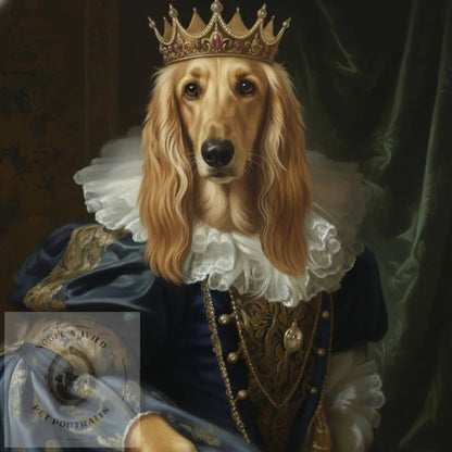 Dog in regal attire with a crown, resembling a painting