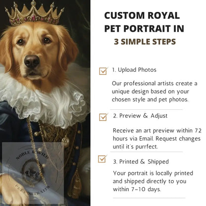 Dog dressed in royal attire with a crown, accompanied by text on custom royal pet portraits.