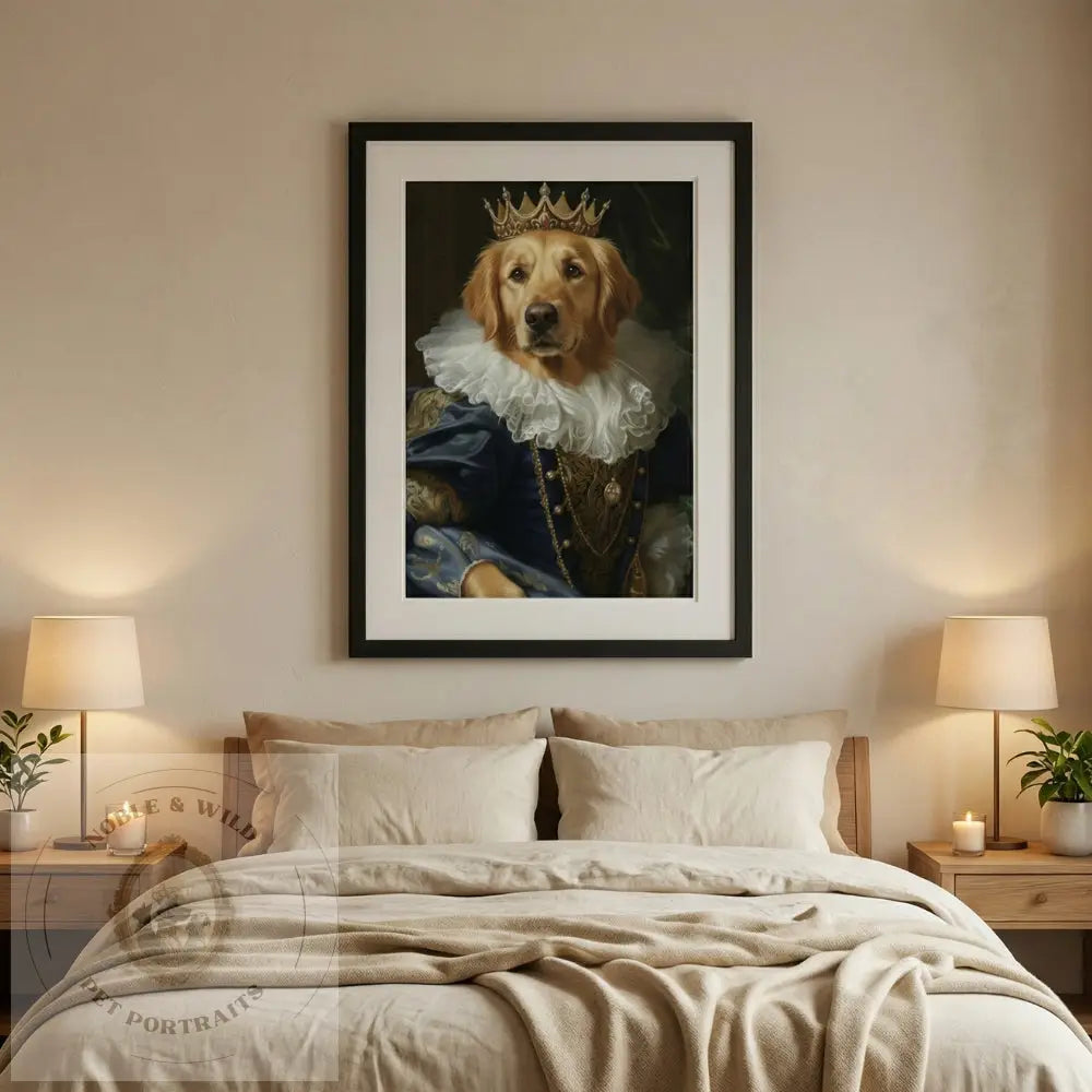 Framed artwork of a dog wearing a crown above a bed in a bedroom.