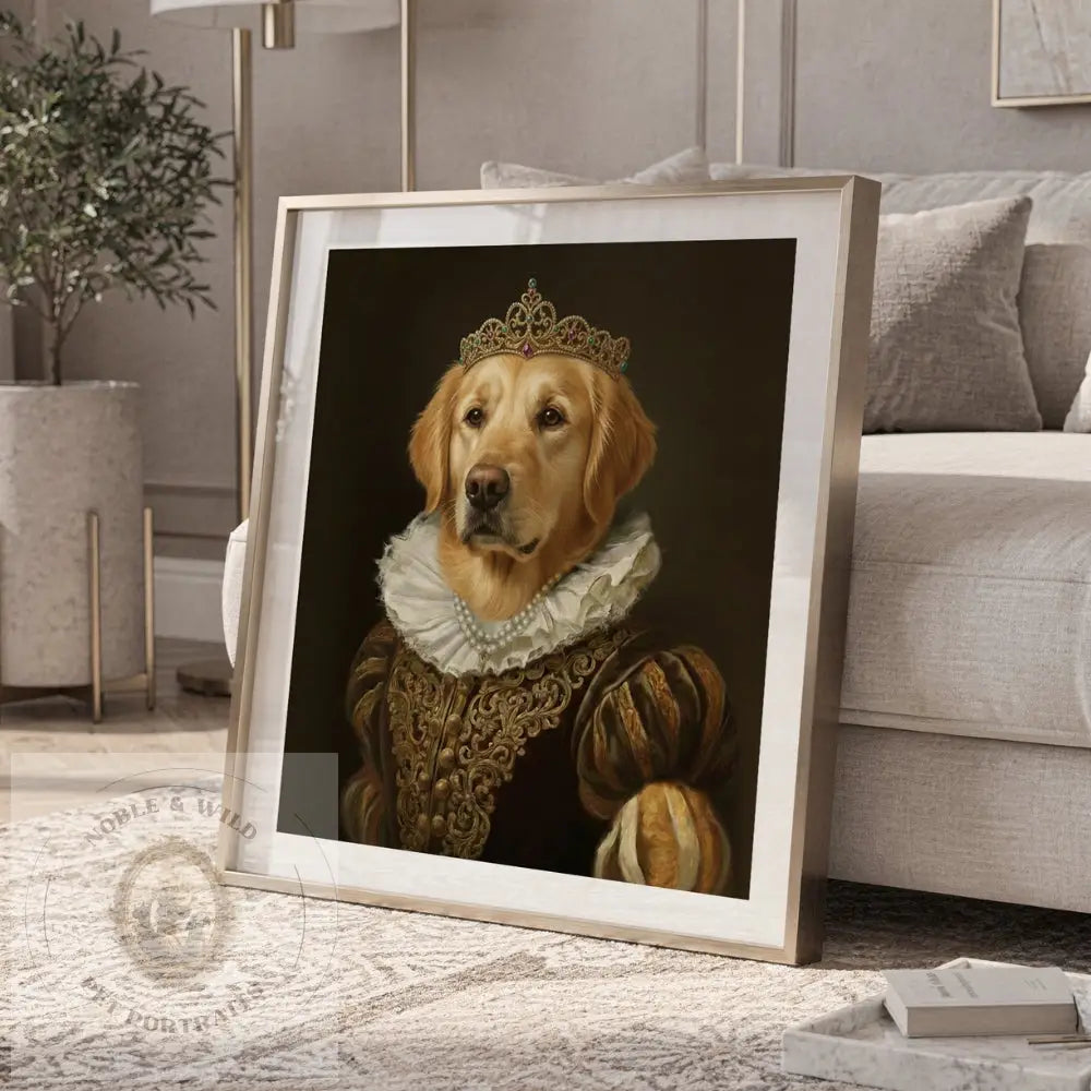 Framed portrait of a dog in regal attire on a living room floor.